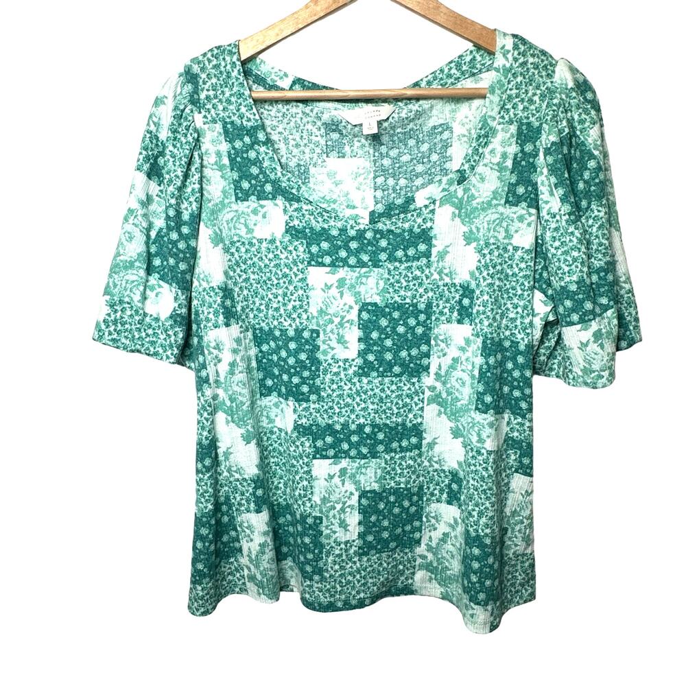 LC Lauren Conrad Green White Patchwork Print Bubble Sleeve Top Size Large